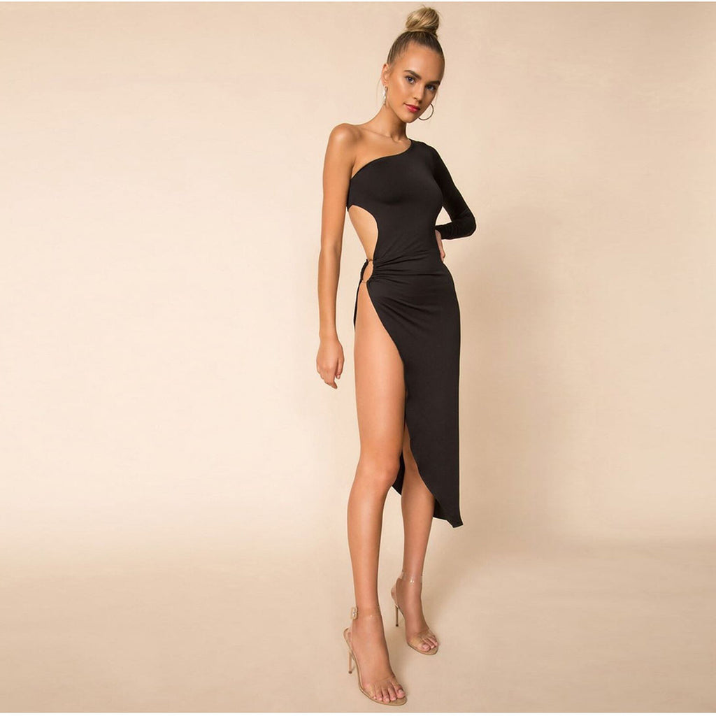 Vestido largo de un hombro con manga larga y abertura lateral – Glamour y sensualidad para noches especiales